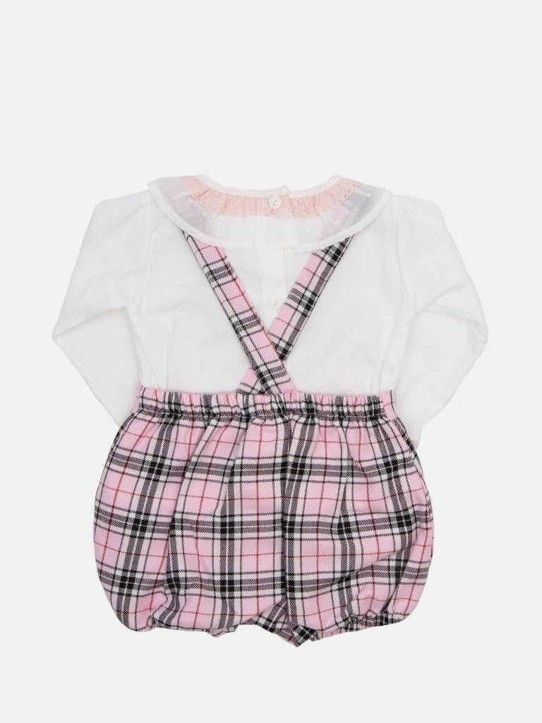 Baby Girl Tartan Romper Set with Bow and Lace - Baby Pink