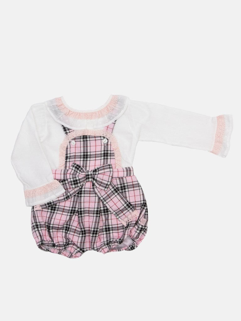 Baby Girl Tartan Romper Set with Bow and Lace - Baby Pink