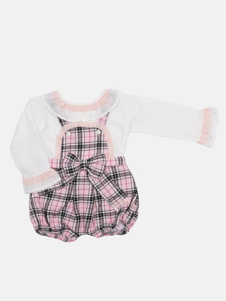 Baby Girl Tartan Romper Set with Bow and Lace-Baby Pink
