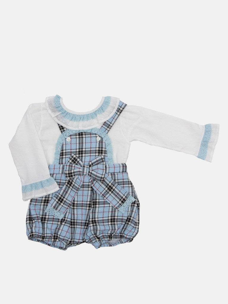 Baby Girl Tartan Romper Set with Bow and Lace-Baby Blue