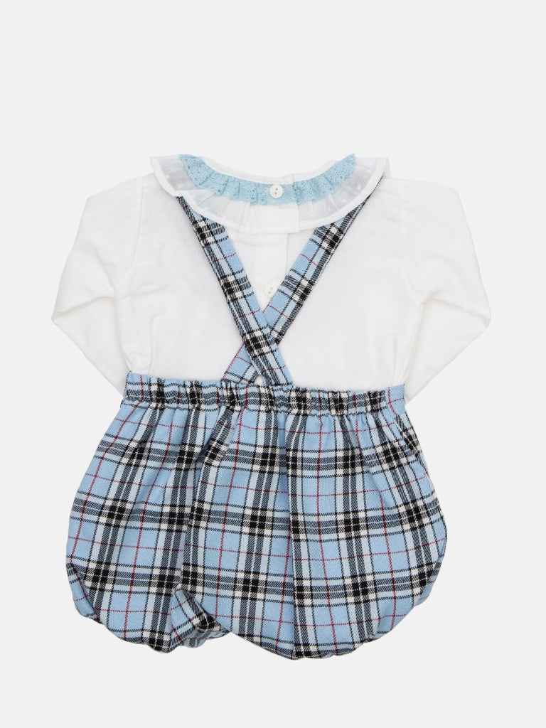 Baby Girl Tartan Romper Set with Bow and Lace - Baby Blue