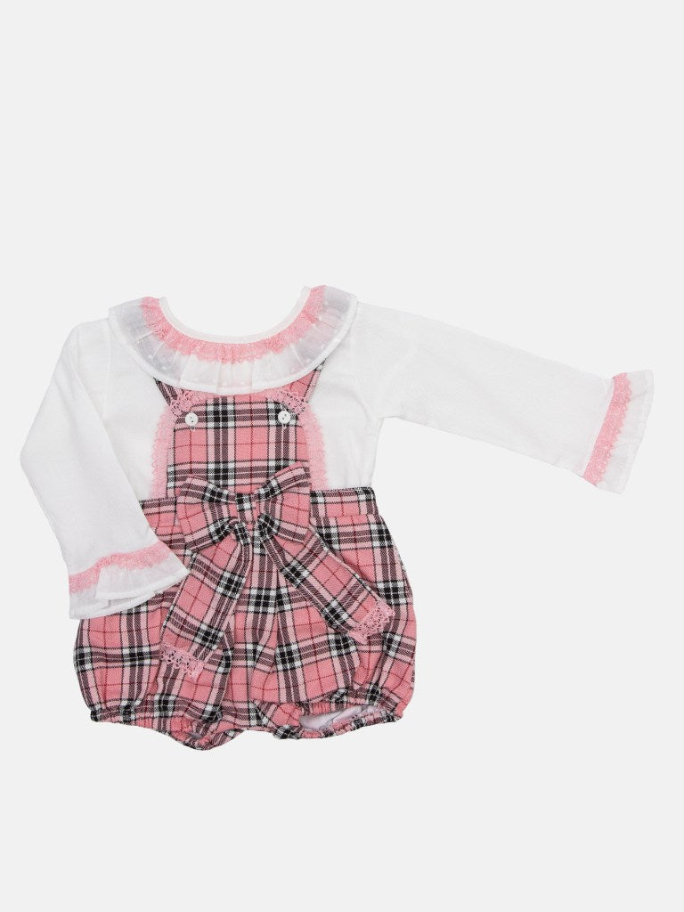 Baby Girl Tartan Romper Set with Bow and Lace - Coral Pink