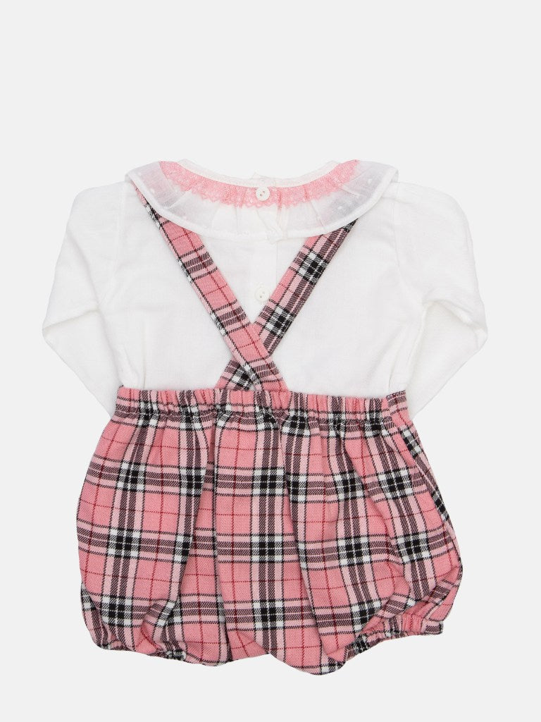Baby Girl Tartan Romper Set with Bow and Lace - Coral Pink