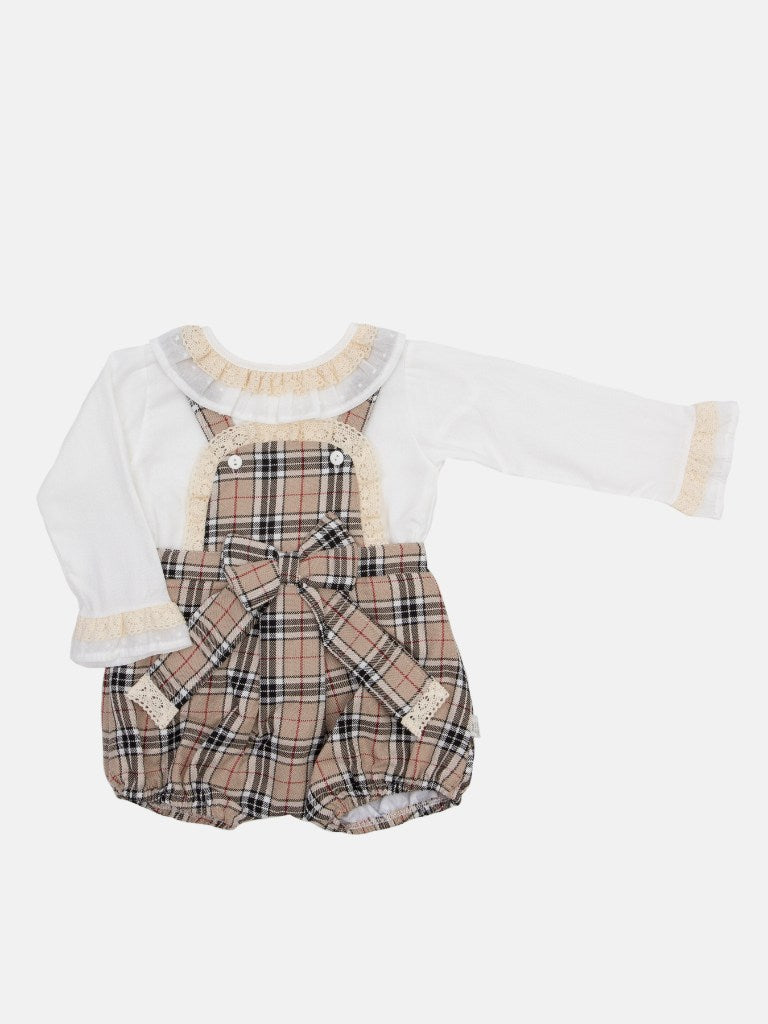 Baby Girl Tartan Romper with Bow and Lace - Beige - Small Fit