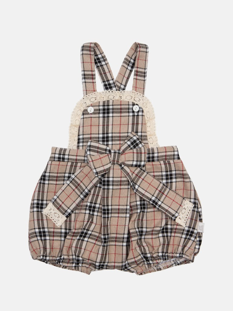 Baby Girl Tartan Romper with Bow and Lace - Beige - Small Fit