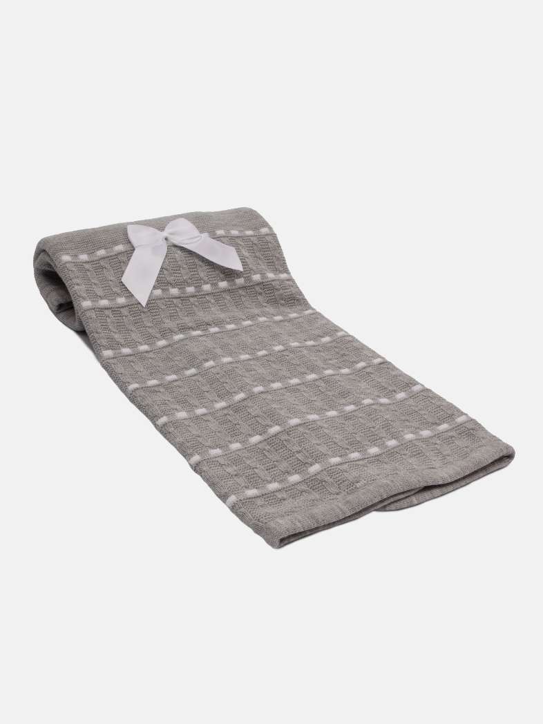 Baby Dotted Stripe Knitted Grey Spanish Blanket with Satin Bow