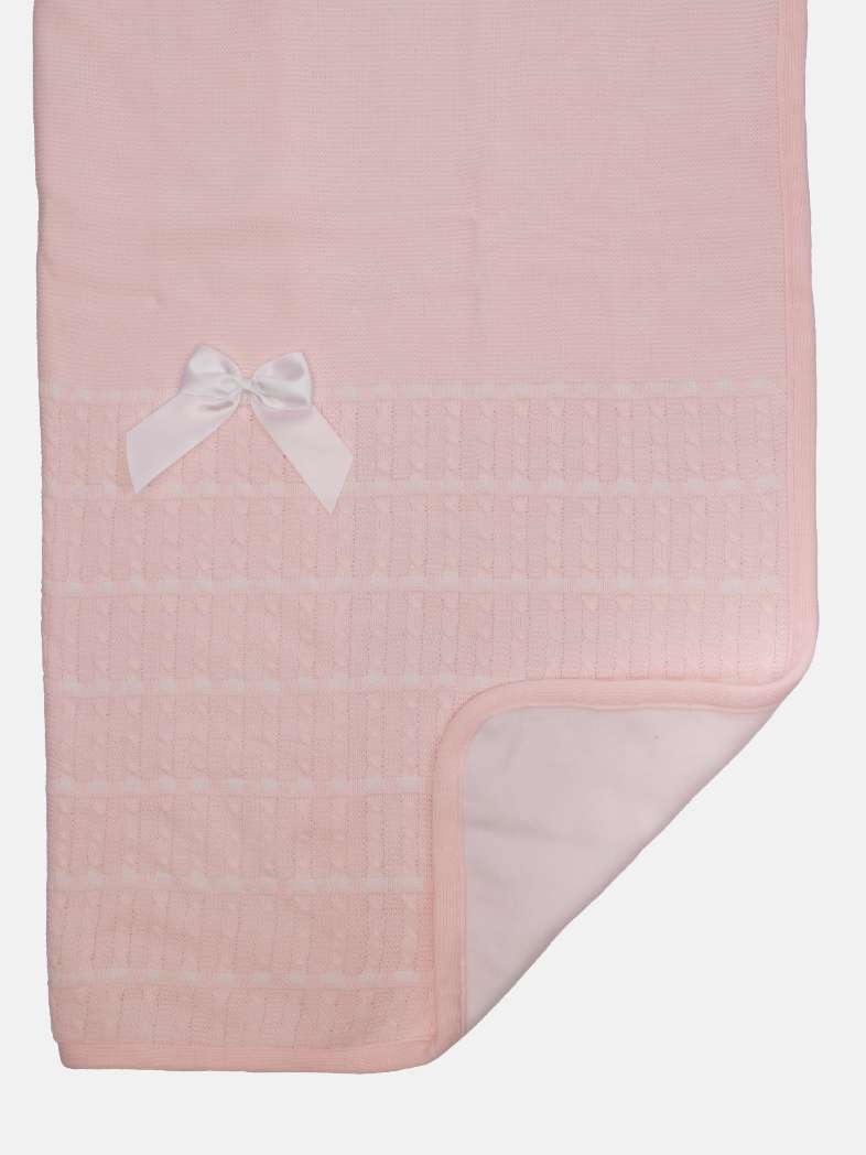 Baby Dotted Stripe Knitted Baby Pink Spanish Blanket with Satin Bow