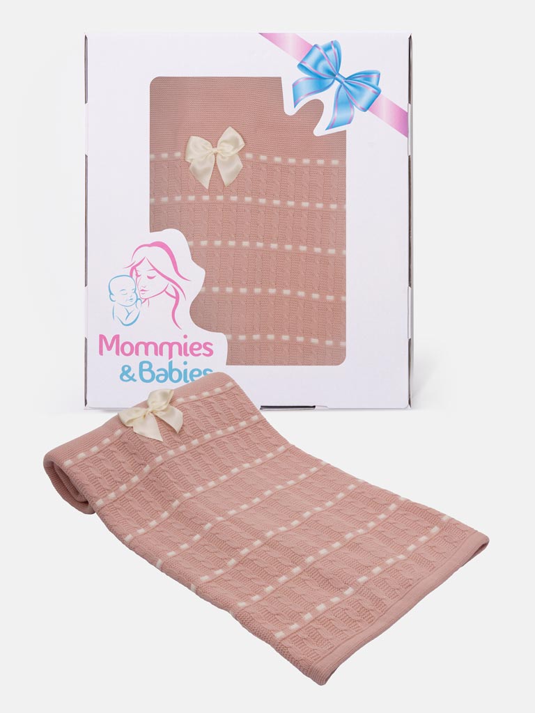 Baby Dotted Stripe Knitted Spanish Blanket with Satin Bow - Dusty Pink