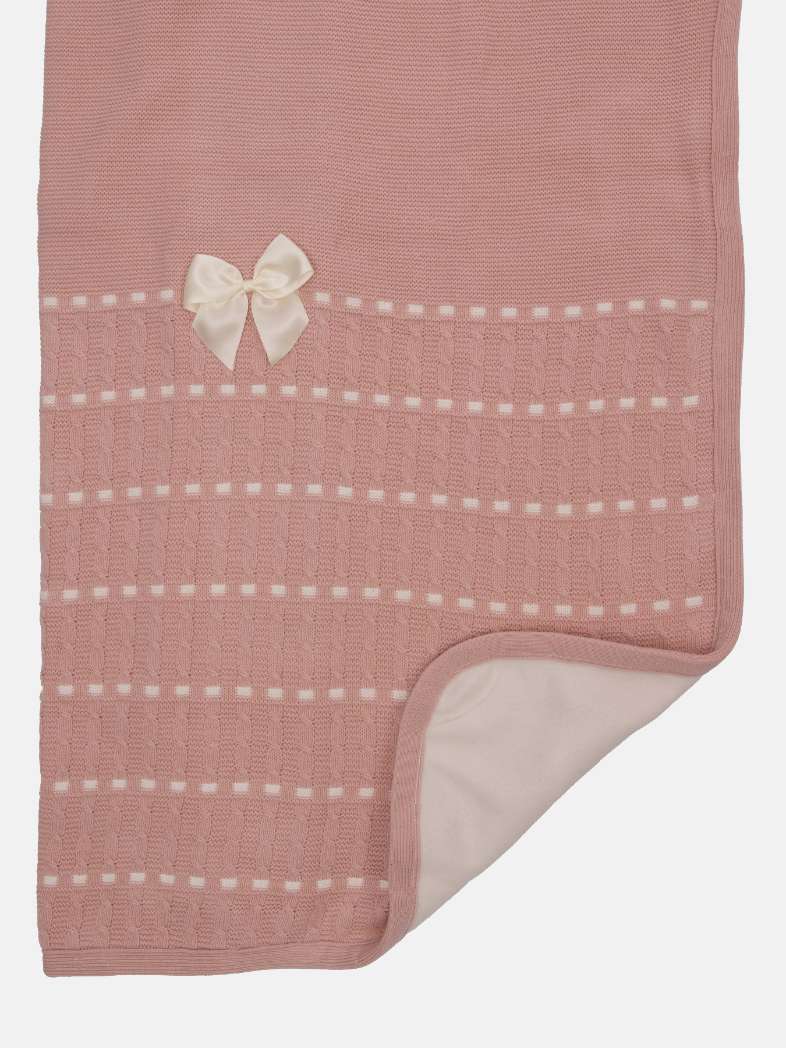 Baby Dotted Stripe Knitted Spanish Blanket with Satin Bow - Dusty Pink
