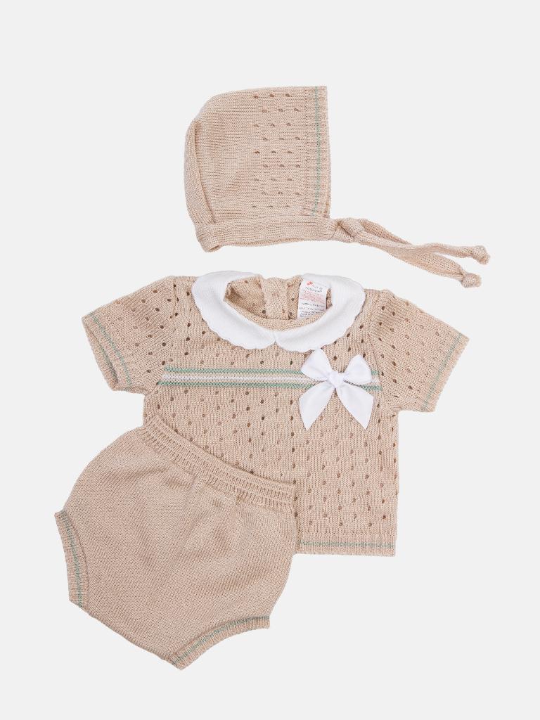 Baby Girl Dot Knitted Short Sleeve Summer Gift Box Set - Beige
