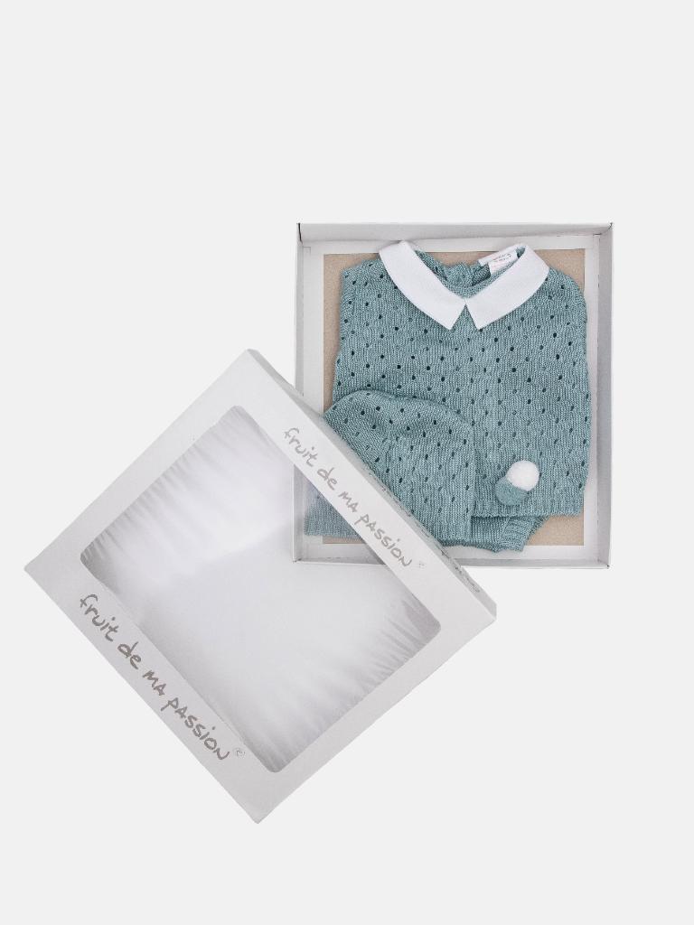Baby Boy 3 Piece Dot Knitted Short Sleeve Summer Gift Box Set - Mint Green