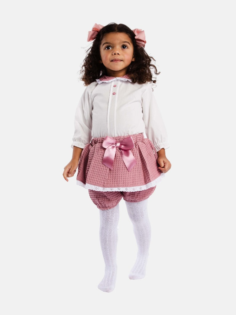Baby Girl Rosa Waffle Romper with Big Bow and Lace - Dusty Pink
