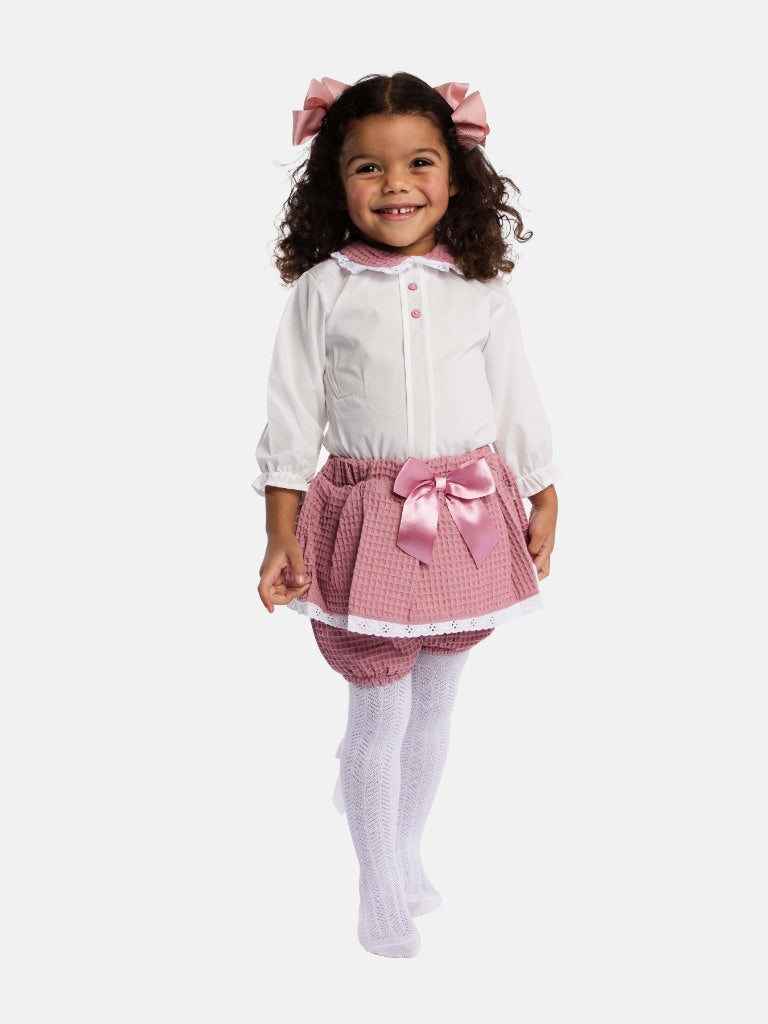 Baby Girl Rosa Waffle Romper with Big Bow and Lace - Dusty Pink