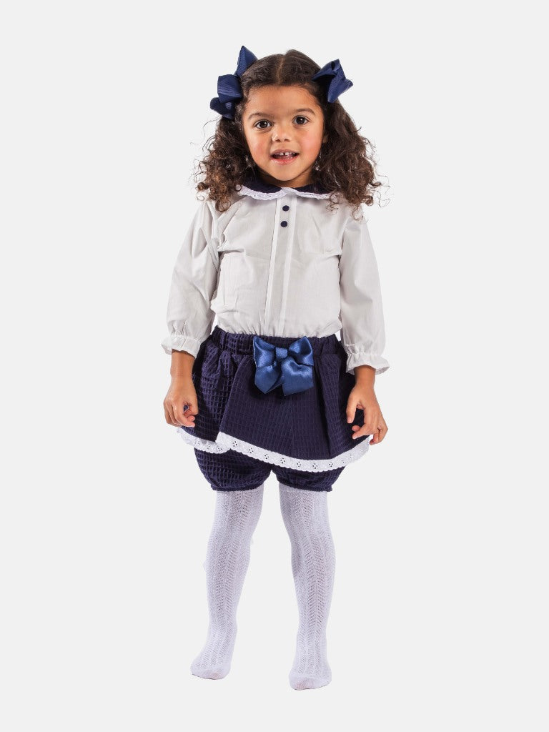 Baby Girl Rosa Waffle Romper with Big Bow and Lace - Navy Blue