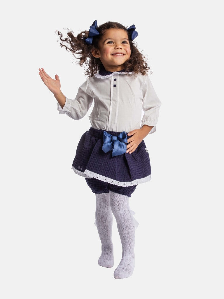 Baby Girl Rosa Waffle Romper with Big Bow and Lace - Navy Blue