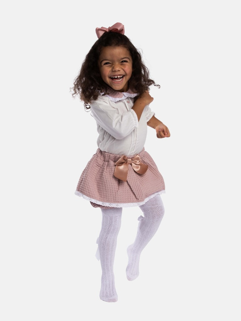Baby Girl Rosa Waffle Romper with Big Bow and Lace - Rose Pink
