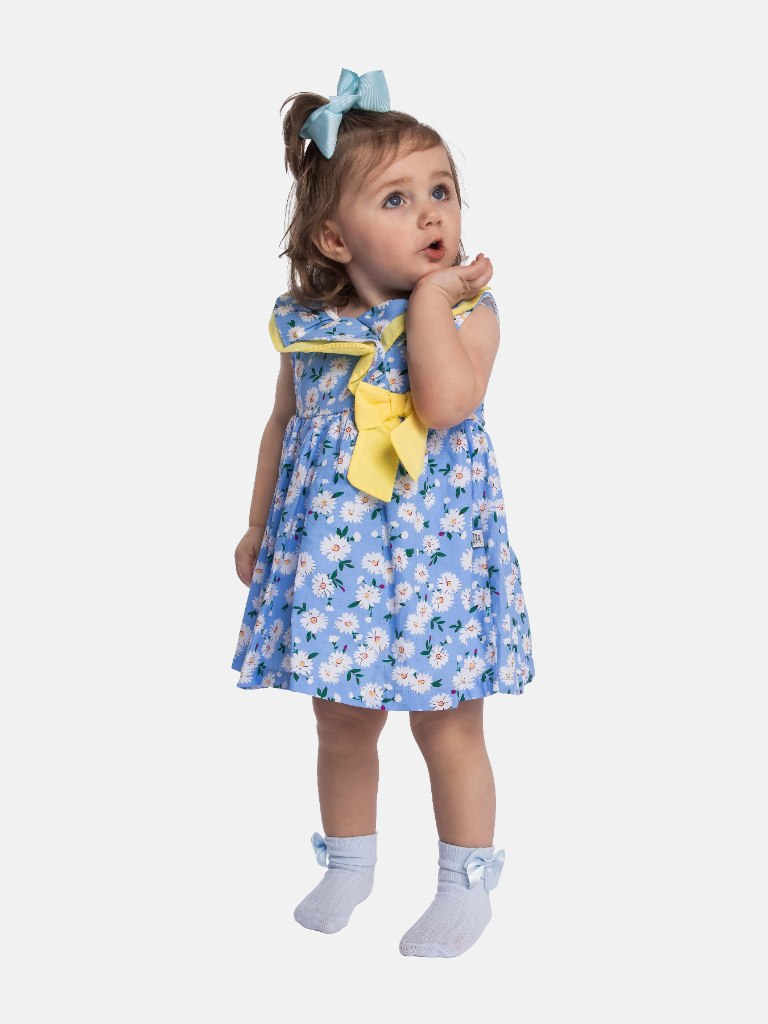 Baby Girl Marbella Blue Floral Dress with Cut Sleeves and Big Bow
