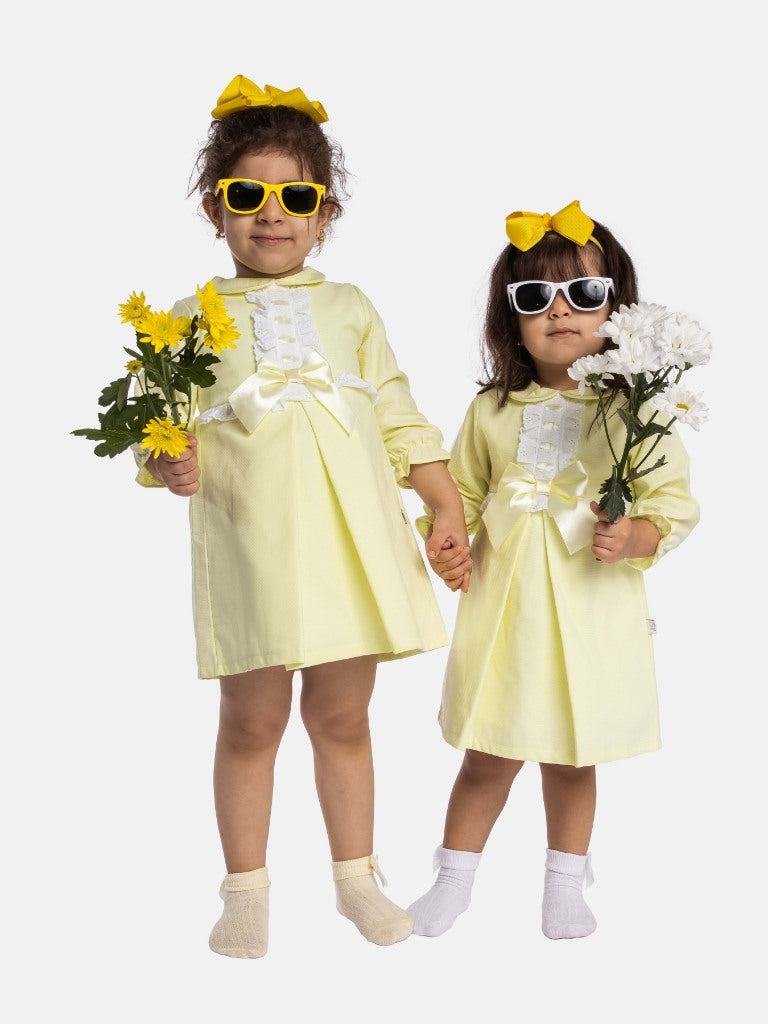 Baby Girl Julieta Classic Dress With Bow Long Sleeves - Yellow