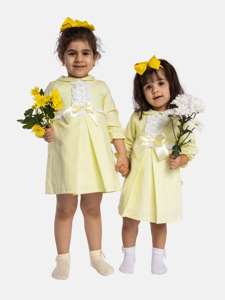 Baby Girl Julieta Classic Dress With Bow Long Sleeves - Yellow