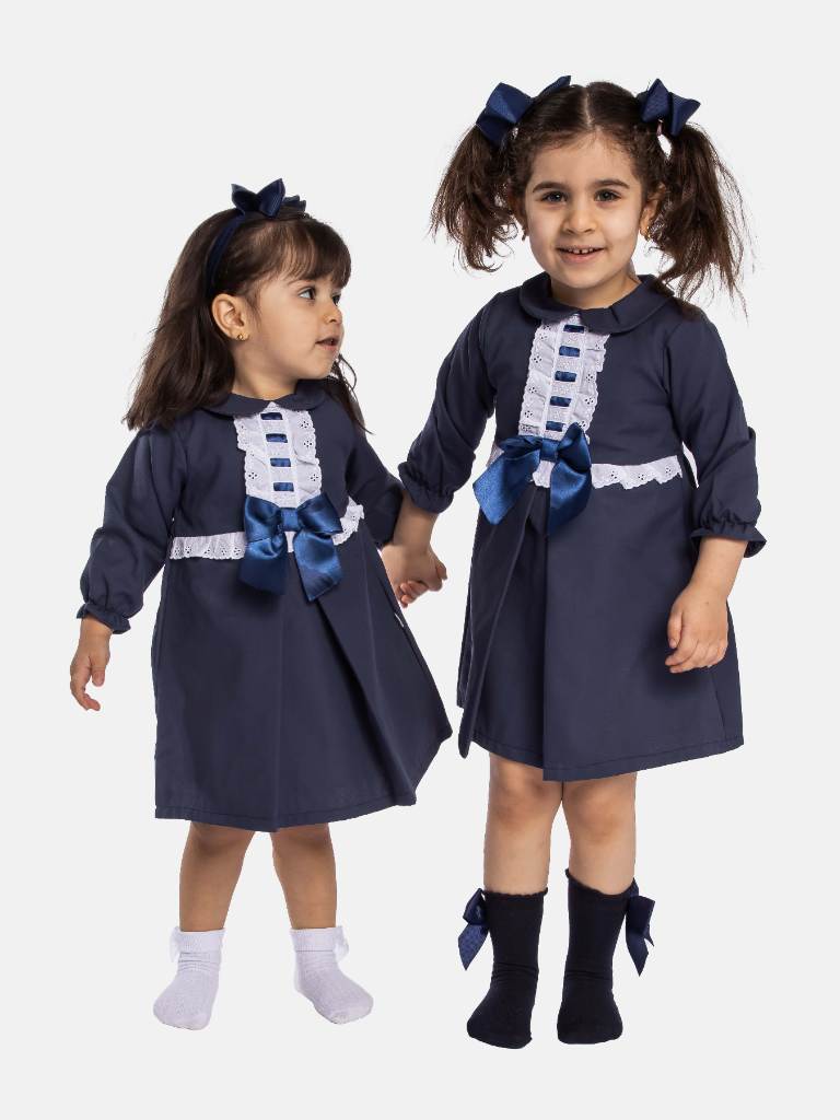 Baby Girl Julieta Classic Dress With Bow Long Sleeves - Navy Blue - Normal Fit