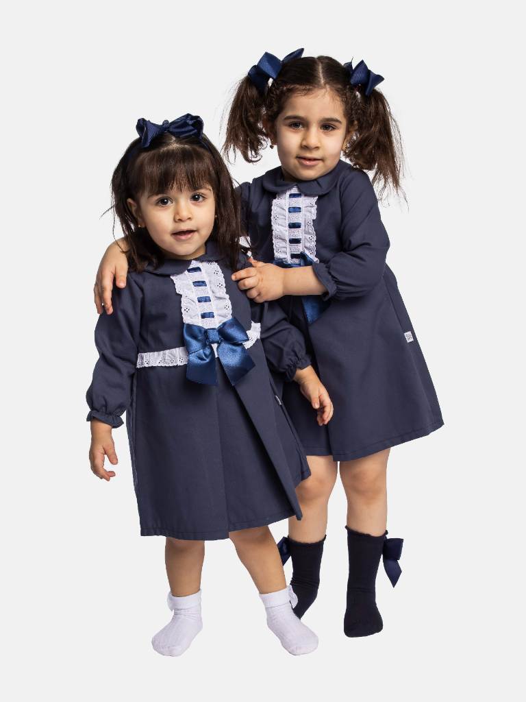 Baby Girl Julieta Classic Dress With Bow Long Sleeves - Navy Blue
