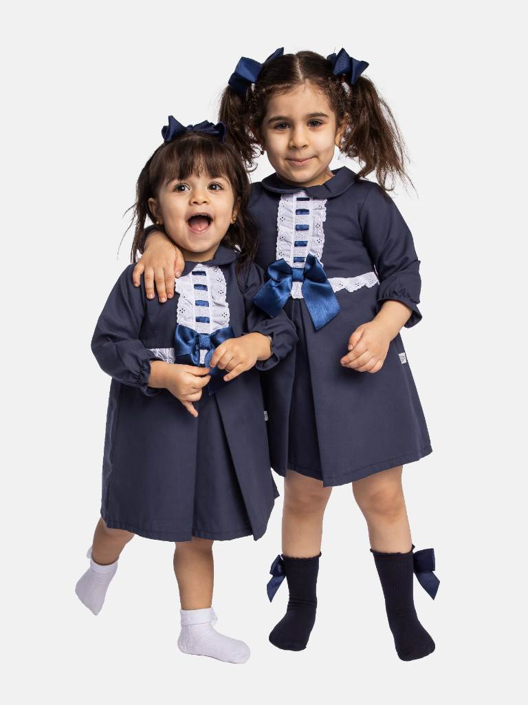 Baby Girl Julieta Classic Dress With Bow Long Sleeves - Navy Blue - Normal Fit