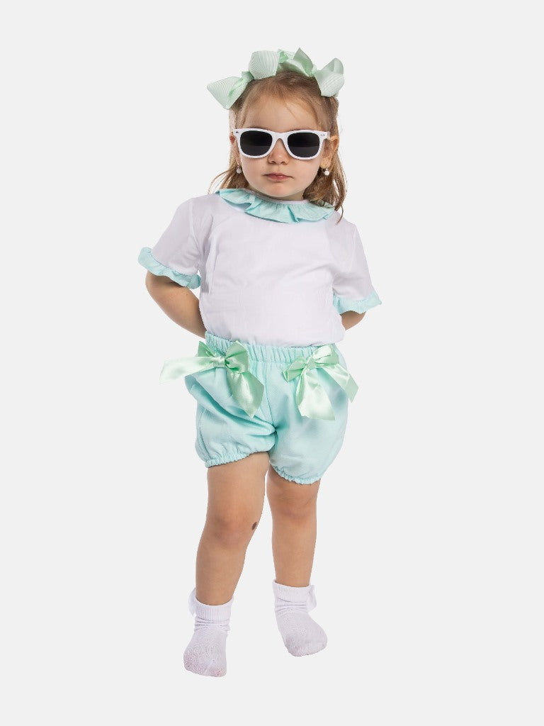Baby Girl Tavira Collection Spanish Romper with 2 bows - Aqua Blue