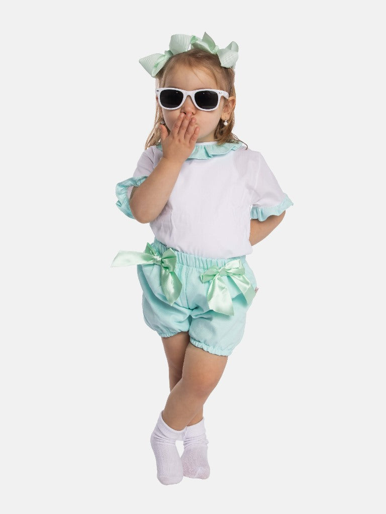 Baby Girl Tavira Collection Spanish Romper with 2 bows - Aqua Blue