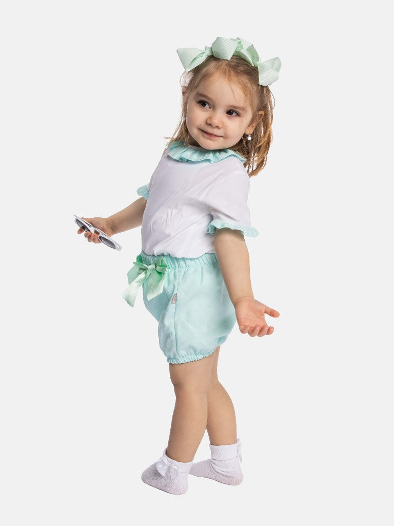 Baby Girl Tavira Collection Spanish Romper with 2 bows - Aqua Blue