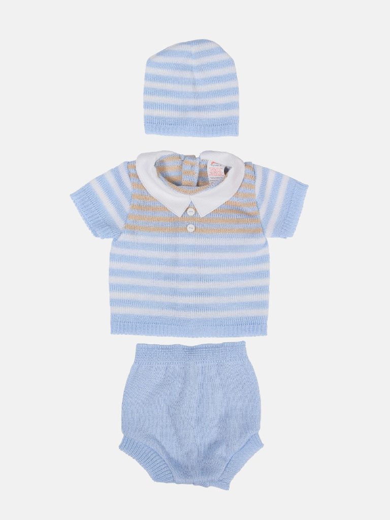 Baby Boy 3 Piece Striped Summer Knitted Gift Box Set - Baby Blue