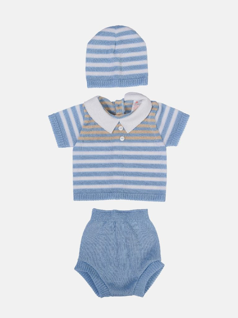 Baby Boy 3 Piece Striped Summer Knitted Gift Box Set - Blue