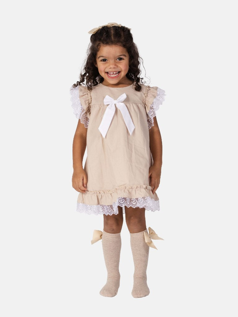 Baby Girl Rina Collection Spanish Dresses Set with Bows-Beige
