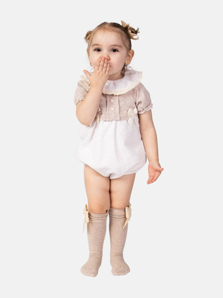 Baby Girl Ines Collection Beige Spanish Romper with Bows