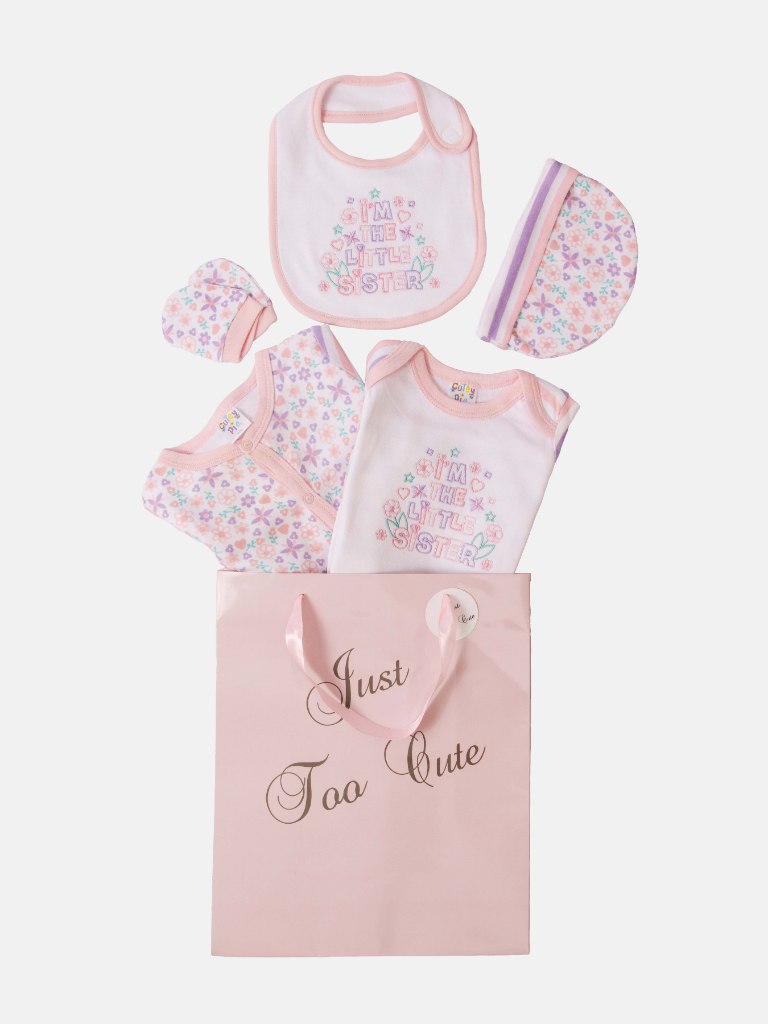 Baby Girl "Little Sister" Watch Me Grow 5-piece Set - White & Baby Pink