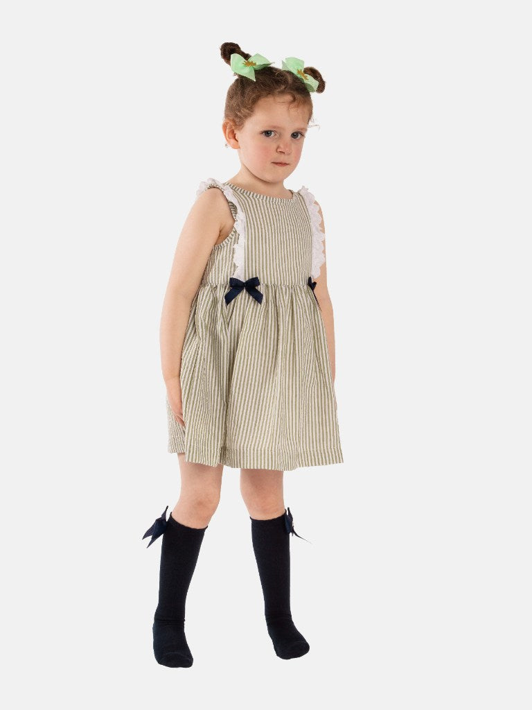 Baby Girl Alma Brand Striped Spanish Dress with Bows-Olive Green