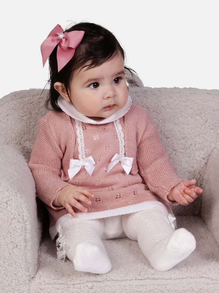 Baby Girl Lola Collection 2-Piece Knitted Dress Set-Dusty Pink & White