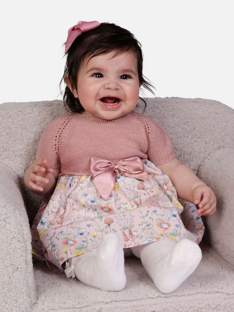 Baby Girl Nova Collection Half Knitted Spanish Dress - Dusty Pink & Floral
