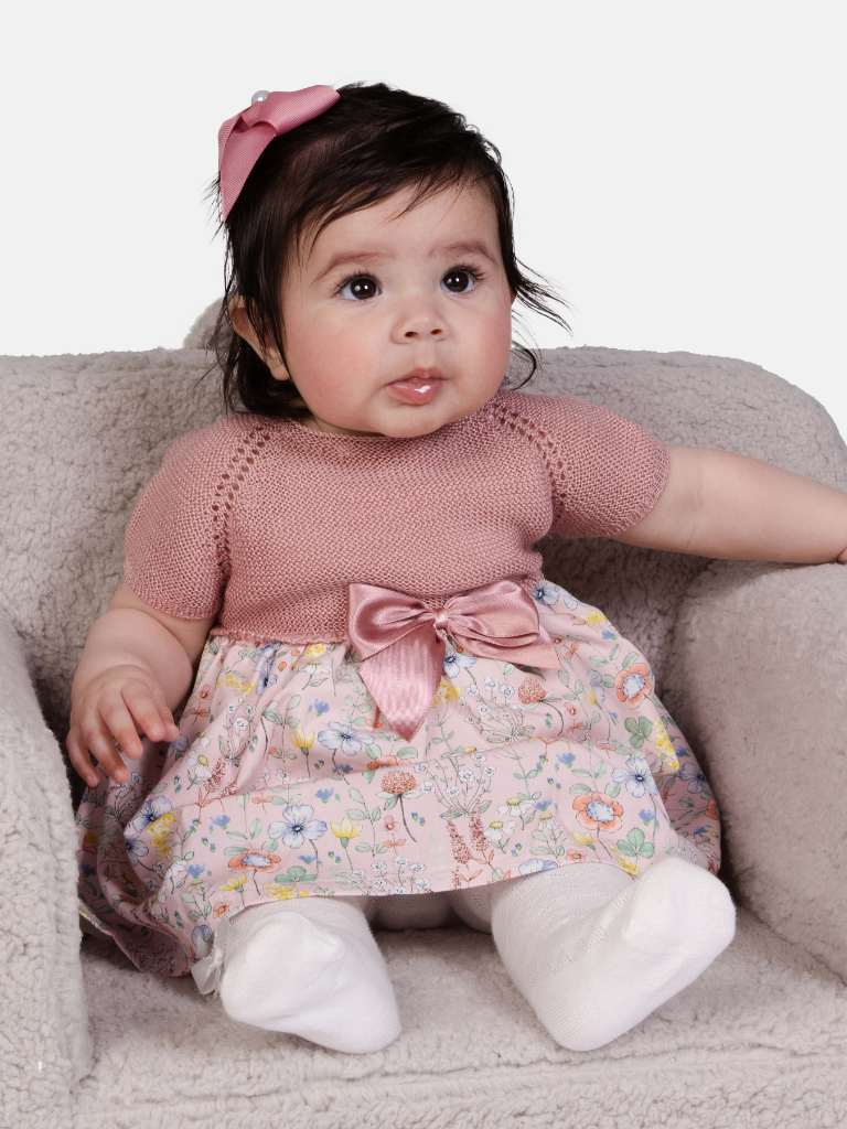 Baby Girl Nova Collection Half Knitted Spanish Dress-Dusty Pink & Floral