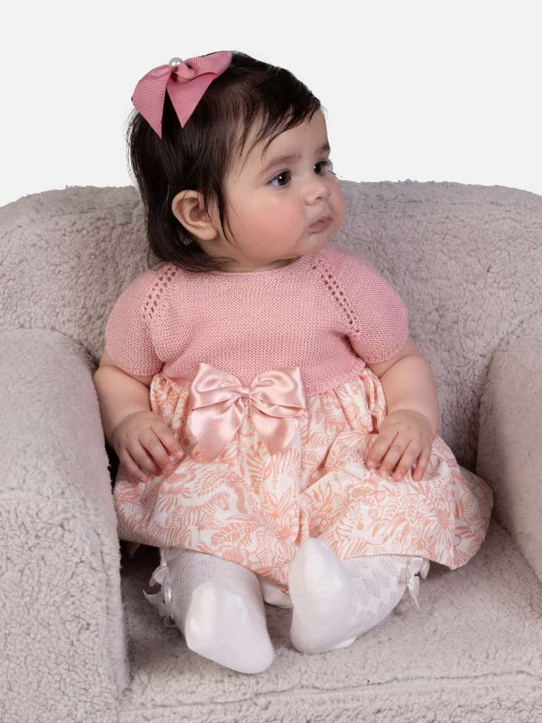 Baby Girl Nova Collection Half Knitted Spanish Dress-Dusty Pink & Zebra