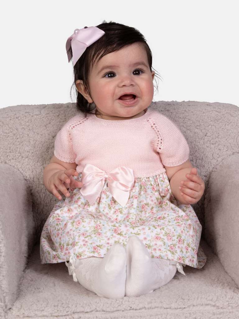 Baby Girl Nova Collection Half Knitted Spanish Dress-Baby Pink & Roses