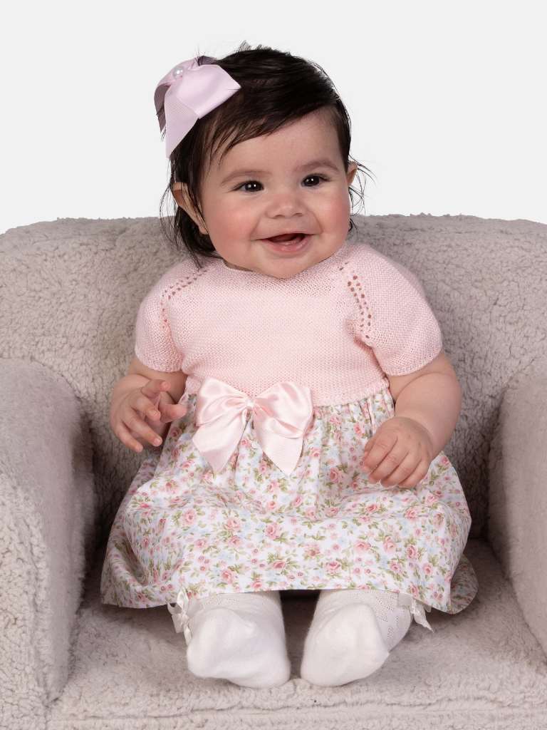 Baby Girl Nova Collection Half Knitted Spanish Dress-Baby Pink & Roses