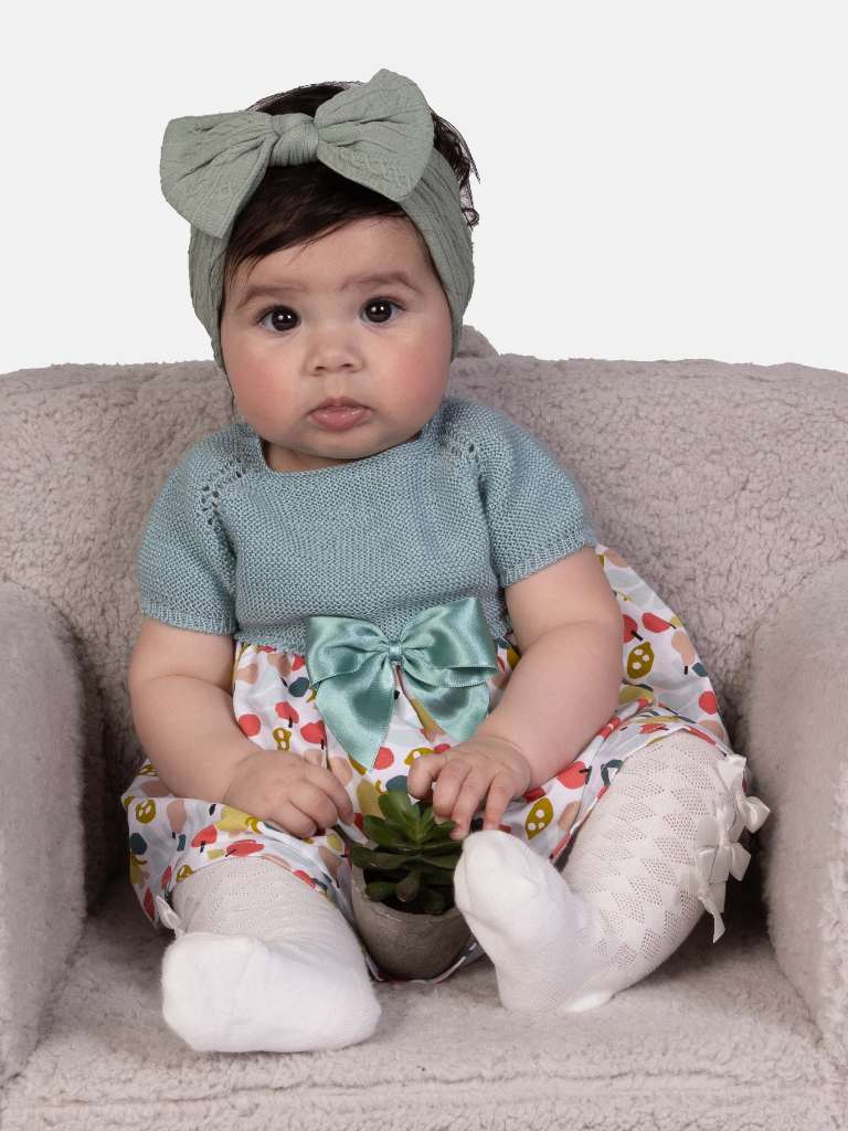 Baby Girl Nova Collection Half Knitted Spanish Dress - Mint Green & Cherries