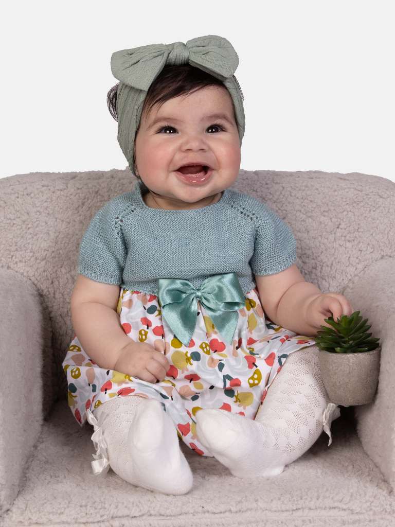 Baby Girl Nova Collection Half Knitted Spanish Dress-Mint Green & Cherries