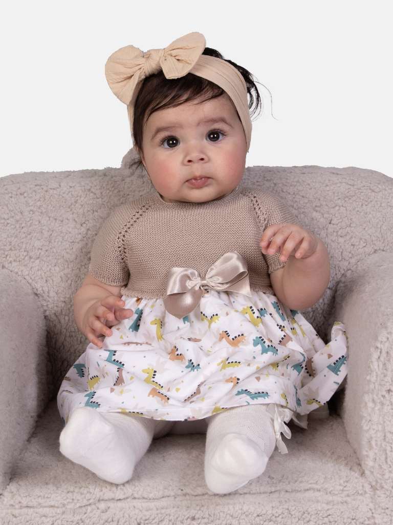 Baby Girl Nova Collection Half Knitted Spanish Dress - Beige & Dino