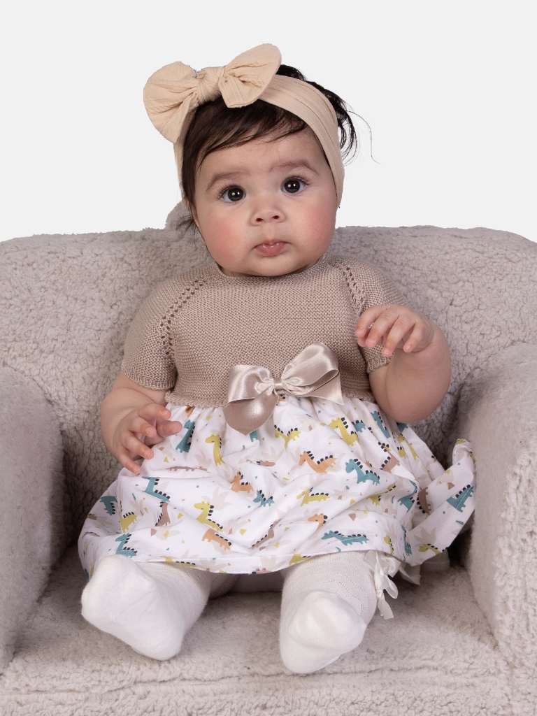 Baby Girl Nova Collection Half Knitted Spanish Dress-Beige & Dino