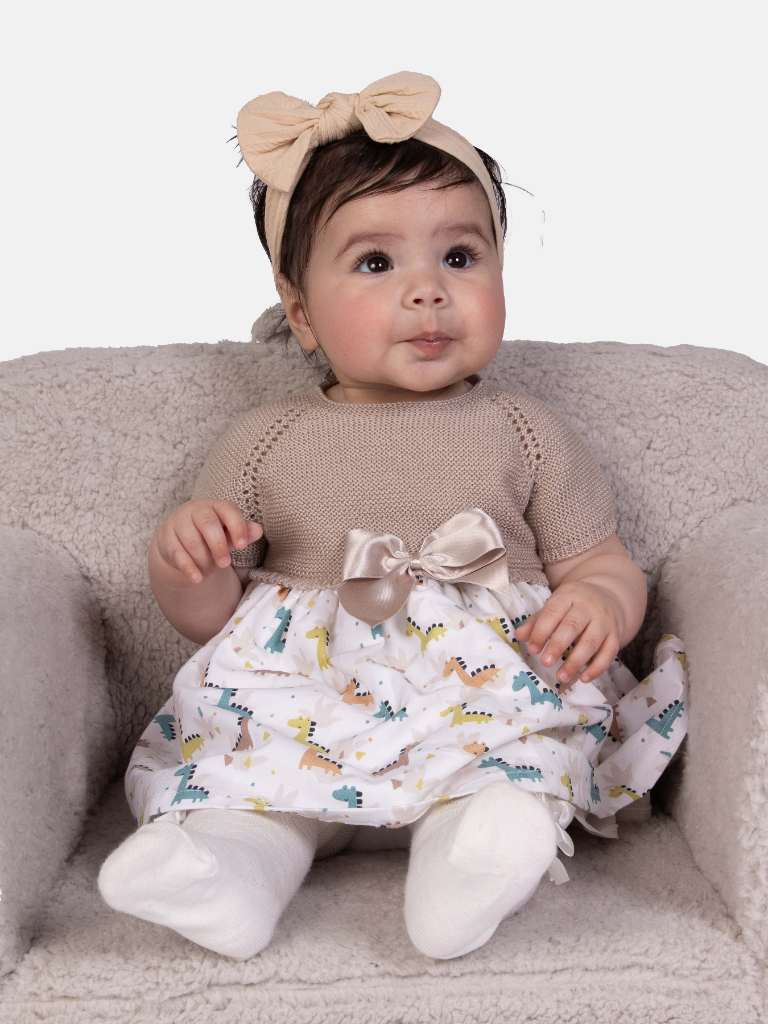 Baby Girl Nova Collection Half Knitted Spanish Dress-Beige & Dino