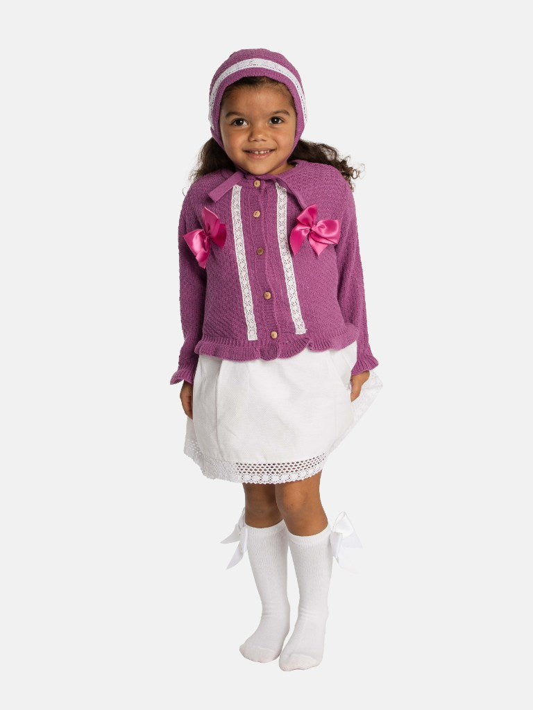 Baby Girl Cardigan & Bonnet Set - Plum