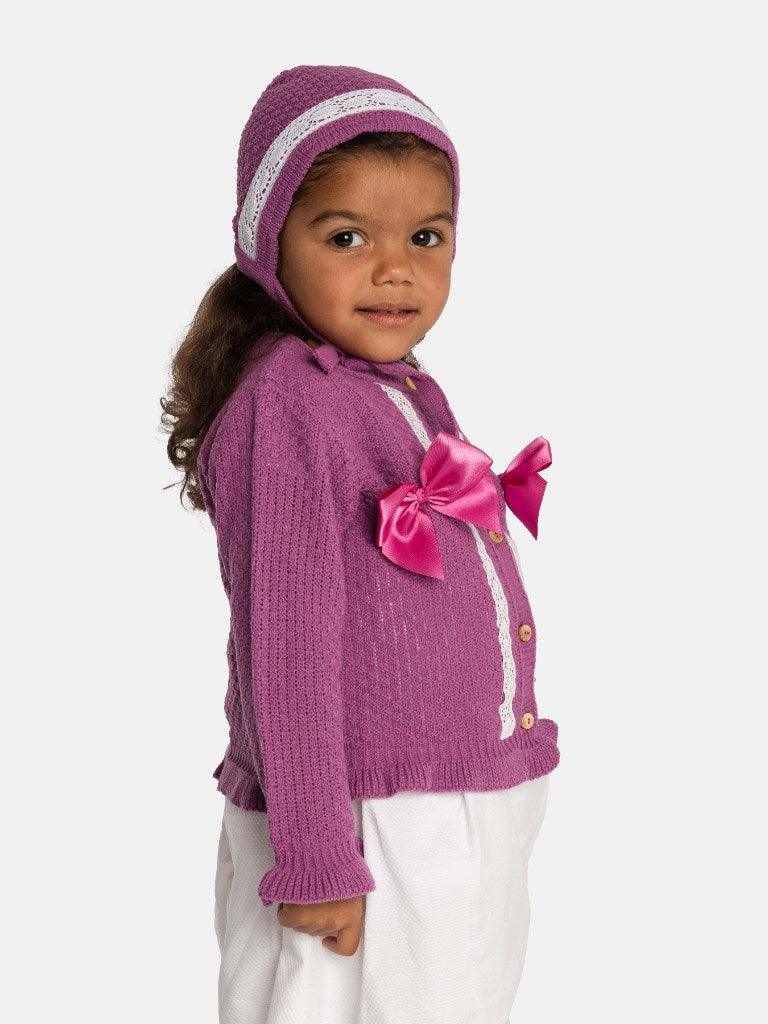 Baby Girl Cardigan & Bonnet Set - Plum