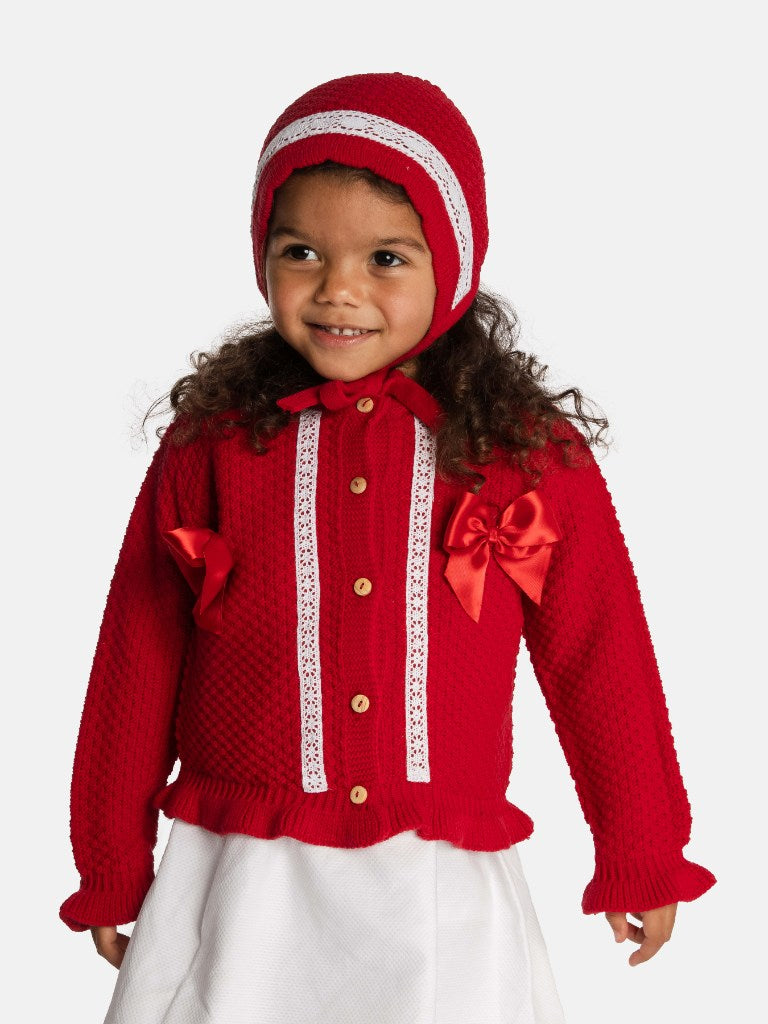 Baby Girl Cardigan & Bonnet Set - Red