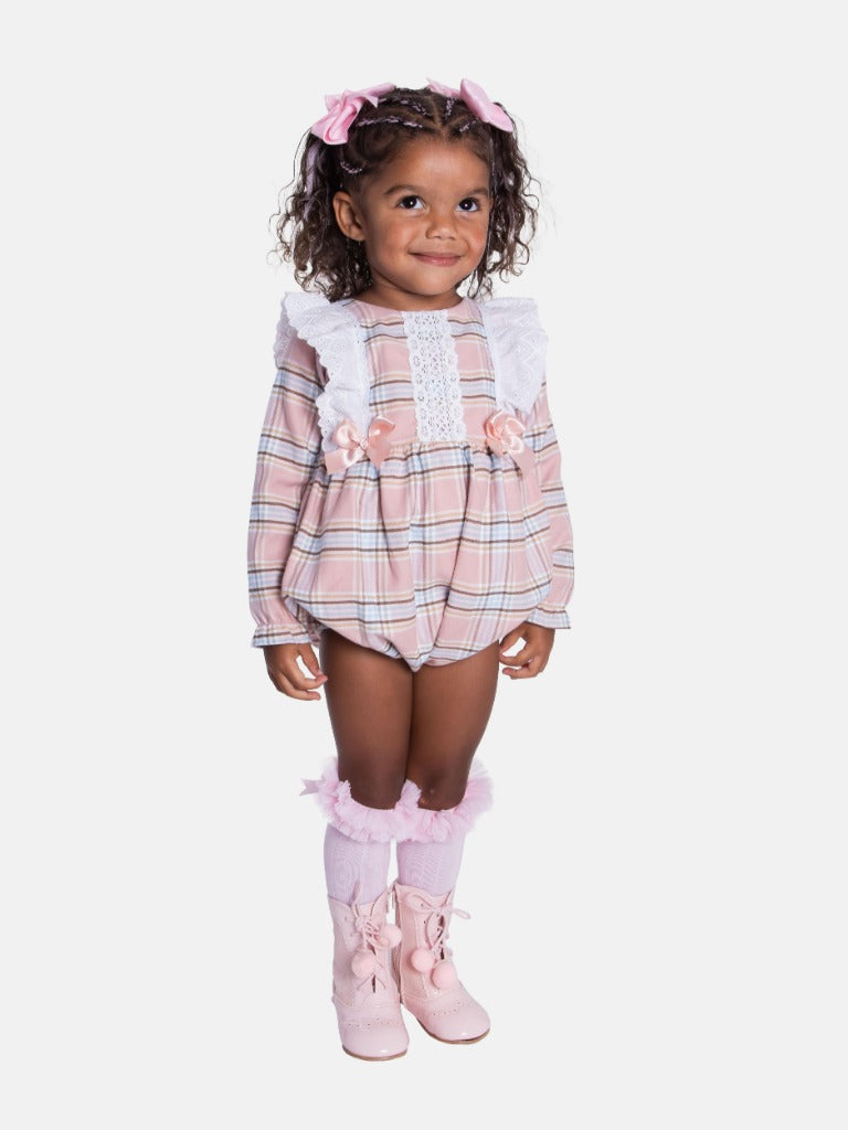 Baby Girl Lace Tartan Spanish Romper Set-Baby Pink